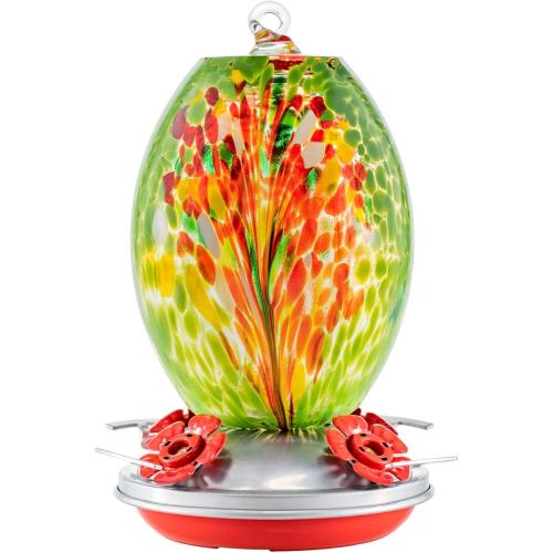 Muse Garden Glass Humming Bird Feeders for Outdoors - 27OZ Blown Glass Hummingbird Feeder - Unique Gift for Mom Women Grandparents, Outdoors Hanging Garden Decor, Ant Moat & Brush, Green Floral