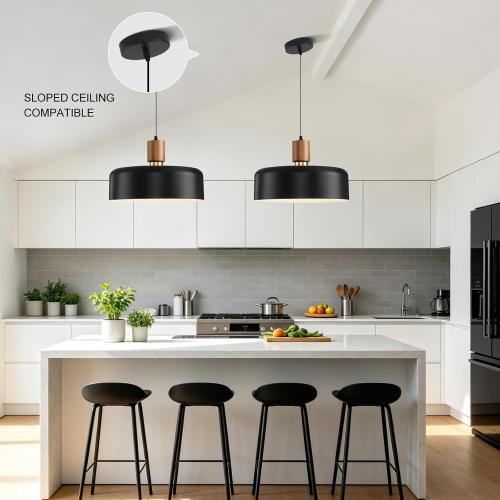 Eustace Large Black Pendant Light, 15.8 Oversized Ceiling Lamp with Oak Wood & Brass