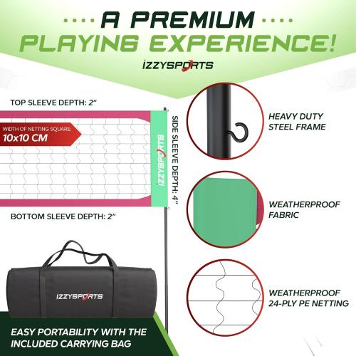 Red and Green Professional Volleyball Net Set, Easy Setup Regulation Net with Poles, Carrying Bag, Premium Ball, and More - Net for Backyard and Outdoor Beach Games