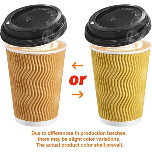 90 pack SIUQ 12 oz Coffee Cups-90 Pack Disposable Coffee Cups with Lids and Straws, Insulated Ripple Wall To Go Paper Coffee Cup for Coffee, Hot Chocolate and Hot Tea Drinks - Champagne
