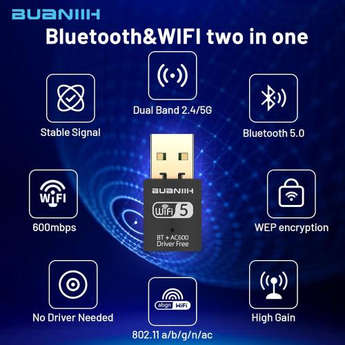 WiFi Adapter for Desktop PC,USB WiFi Adapter,Bluetooth&WiFi 2-in-1,Dual Band 600Mbps 2.4/5.8Ghz Wireless Network,Plug and Play, for PC/Laptop/Desktop,Support Win7/8/8.1/10/11
