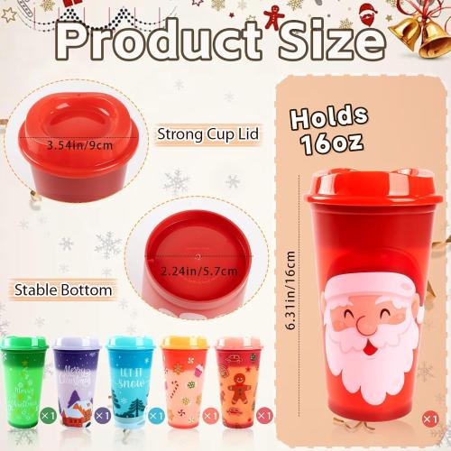 6pcs Christmas Color Changing Hot Cups with Lids, Plastic Reusable Hot Coffee Cups for Adults Kid Winter Christmas Holiday Birthday Party Cups Tumblers, 16 Oz