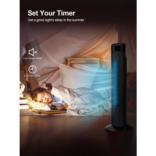 Uthfy 31 Inch Tower Fan for Bedroom, 120° Oscillating Quiet Standing Bladeless Fan 7.5H Timer, 3 Speeds, 3 Modes, for Room, Dorm, Office, Matte Black