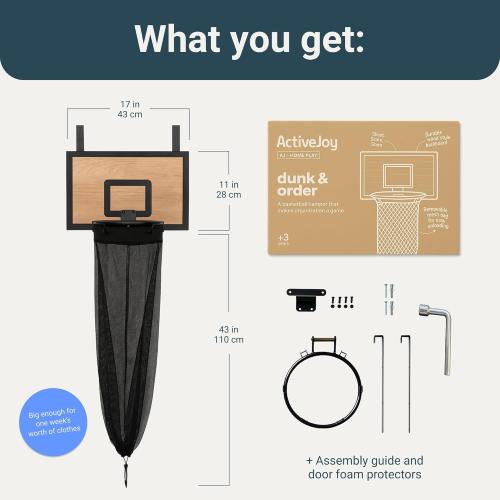 ActiveJoy – Basketball Laundry Hamper – Wooden Backboard & Mesh Hoop Laundry Basket – Over Door Hanging Organizer for Kids - Cedarwood Brown