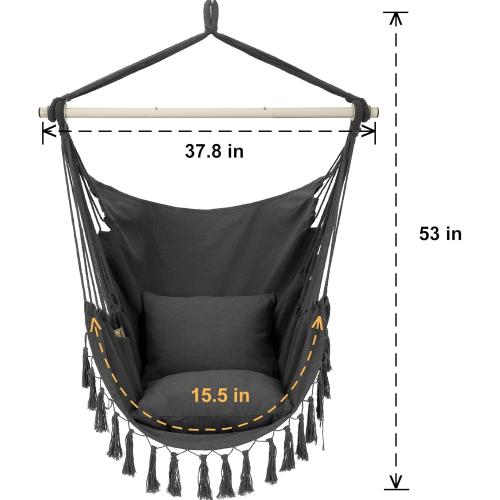 Y- STOP Hammock Chair Hanging Rope Swing, Max 500 Lbs, 2 Cushions Included, Large Macrame Hanging Chair with Pocket, Cotton Weave for Superior Comfort, Durability (Dark Grey)