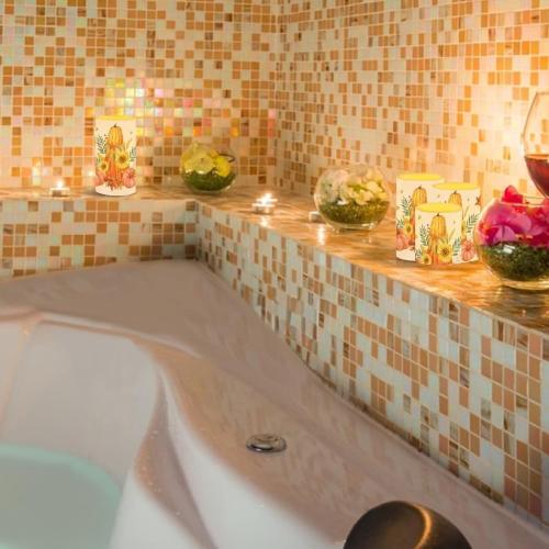 Merkmak 5.7 x 3 Battery Operated Candles with Timer 4Pcs Pumpkin Sunflower Maple Leaf Flameless LED Candles Bulk with Remote Thanksgiving Party Decor Electric Plastic Pillar Lights Bulk