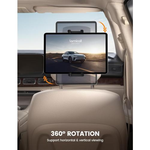 Lamicall Tablet Holder for Car Headrest - [Thick Case Friendly] [360° Rotation] Car Tablet Mount for Backseat, Road Trip Essentials for Kids, for iPad Pro, Air, Mini, Galaxy, Fire HD, 6.1-13 Tablets