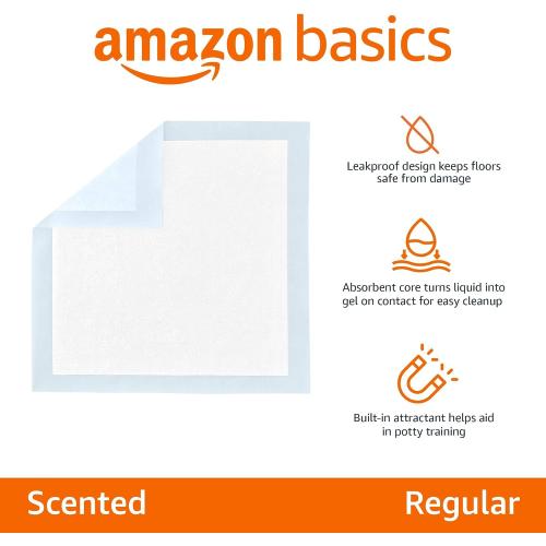 Amazon Basics Scented Dog and Puppy Pee Pads, 5-Layer Leak-Proof Super Absorbent, Quick-Dry Surface, Potty Training, Regular (22x22), 150 Count, Blue