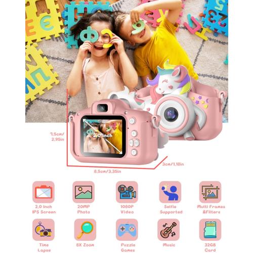 Kids Camera for 3-8 Years Old Toddlers Childrens Boys Girls Selfie Camera 20 MP HD 1080P IPS Screen Dual Digital Toy Camera for Kids Christmas Birthday Gifts with 32Gb Card