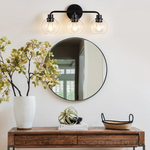 Bathroom Light Fixtures Black Vanity Light, 3 Light Modern Wall Sconces Lighting Bathroom Lights with Globe Clear Glass Shades, Bath Wall Lights Wall Lamp for Mirror Kitchen Living Room Hallway