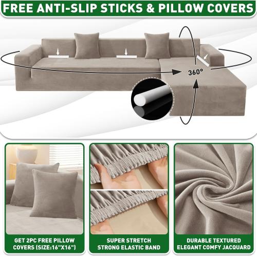 ZNSAYOTX 2026 Soft Velvet Sectional Couch Covers, Luxury Plush Slipcovers with Elastic Bottom for L Shape Sectional Sofa, 2 Pcs Pet Friendly Protector (3 Seat Couch   3 Seat Chaise, Khaki)