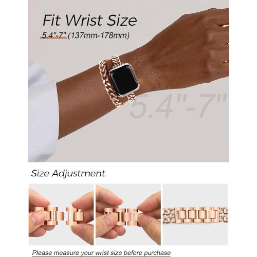 JR.DM Rose Gold Watch Bands for Women Compatible with Apple Watch Band 38mm 40mm 41mm 42mm (S10) Adjustment Metal Band Cowboy Steel Chain Bracelet for iWatch Series 9/8/7/6/5/4/3/2/1/SE/Ultra (No Case)