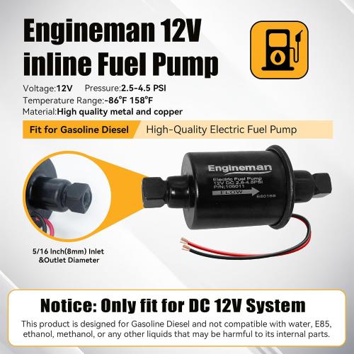 Universal Electric Fuel Pump 12V 2.5-4.5 PSI Inline External 5/16 Inch Compatiable with Gas Diesel Marine Carburetor Marine E8016S