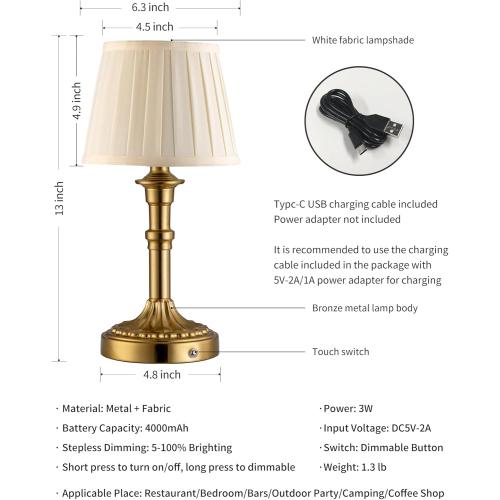 KDG Cordless Portables Table Lamp Set of 2, LED Fabric Shade Small Desk Lamps, 5000mAh Battery Powered Lighting, 2700K Stepless Dimmable Light for Living Room, Dining Room, Bedroom, Bedside (Gold)