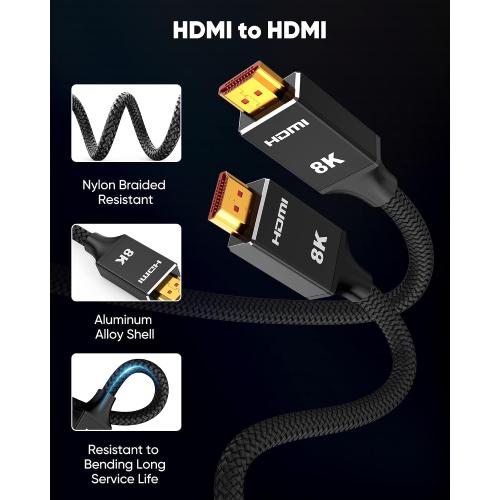 Capshi 2ft 8K 4K@120Hz HDMI Cable 2.1, 48Gbps High Speed Cord for PS5/4, TV, Gaming Console, Monitor, 8K@60Hz, 2K@240Hz, 144Hz, Support HDR, eARC, DTS:X, HDCP 2.2 & 2.3, Braided, Black