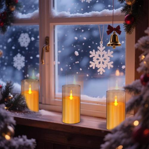wemarry Flameless Candles Acrylic Glass Pillars 3 D x 6 H Battery Operated Flickering Candles Include 8-Key Remote with Timer Function 400  Hours (Amber, Warm Light 2 Pack)