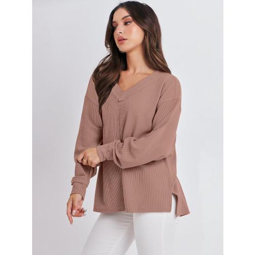 Size M ANRABESS Oversized Long Sleeve Shirts for Women Off the Shoulder Sweatshirt Loose V Neck Tunic Tops High Low Sweater 2025