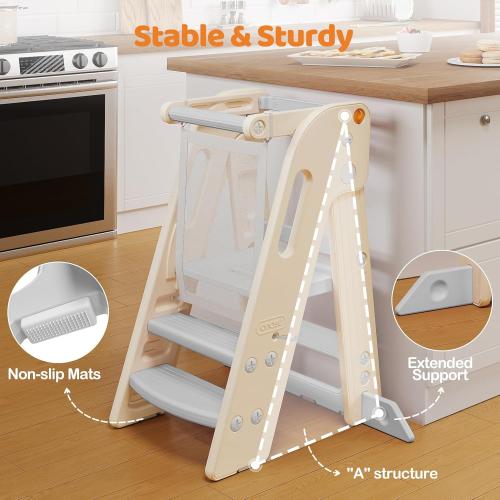 Onasti Foldable Toddler Tower Kitchen Stool Helper, Adjustable Height Learning Standing Tower with Safety Rail, Anti-Slip Steps, Kids Step Stool for Kitchen Counter and Bathroom Sink-Grey ‼️could be missing or broken pieces ‼️
