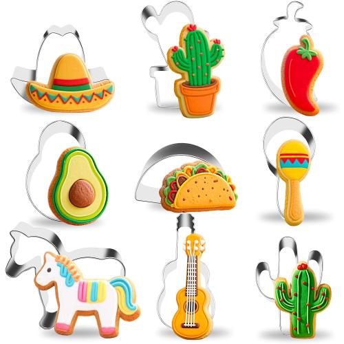 9 Pieces Cinco de Mayo Cookie Cutters Set, Regular Stainless Steel Mexican Fiesta Pinata Cookies Cutter includes Cactus Pepper Taco Avocado Sombrero Maraca Llama Guitar Baking Mold Decorations