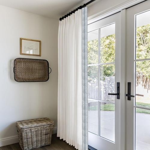 Pinch Pleated Drapes with Blue Embroidered Trim Faux Linen Pinch Pleat Lined Curtains for Sliding Glass Door, 50W x 108L, Beige White V2, 2 Panels