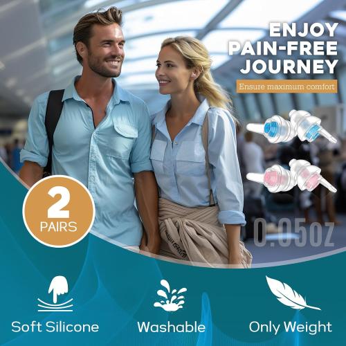 Airplane Ear Plugs Pressure Relief Earplugs 2 Pairs, Prevent Ear-Pain & Reduce Noise 25dB - Flight Essentials, Reusable Soft Plane Earbuds for Adult/Kids 12 , Travel Ear Protection Air Plugs