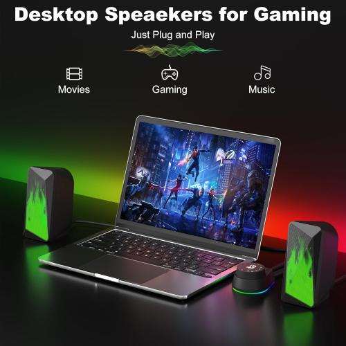 SOULION C30 Computer Speakers, USB Powered & 3.5 mm AUX Bluetooth Speakers for Desktop Monitor, LED Flame Lights & Easy-Control Pod, Gaming Speakers for Laptop Tablet Phone - Black
