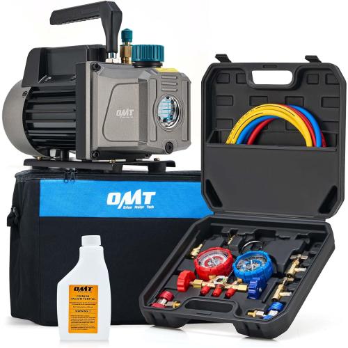 Orion Motor Tech AC Vacuum Pump and Gauge Set, 1/4 hp 3.5 cfm Vacuum Pump Manifold Gauge Kit with 3 Hoses Adapters & Accessories for R134a R12 R22 R502, A/C Vacuum Pump Kit for Auto HVAC Systems
