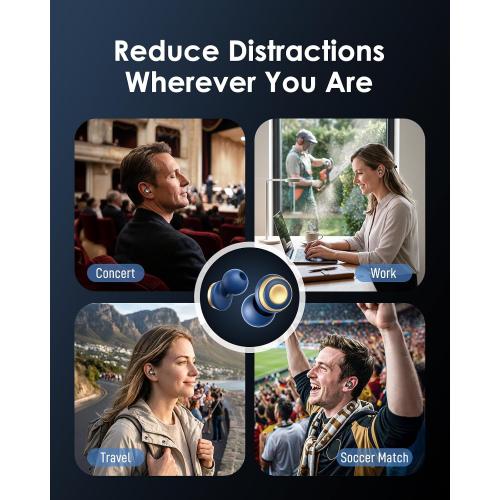 Reusable Ear Plugs for Sleeping, Travel & Work, Up to 33dB Noise Reducing Silicone Ear Plugs with 4 Sizes, Secure Fit, Portable Snap-Closure Case for Flights, Study, Commute Reading