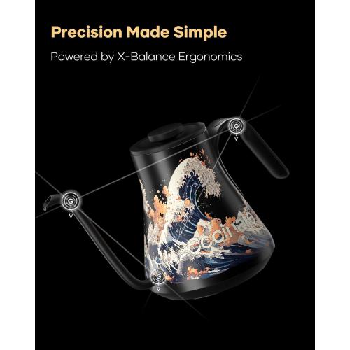 Cocinare FLOW M9 Electric Gooseneck Kettle, ±1℉ Temperature Control for Pour-over Coffee & Tea, Stainless Steel Interior, Quick Heating for Boiling Water (Wave)