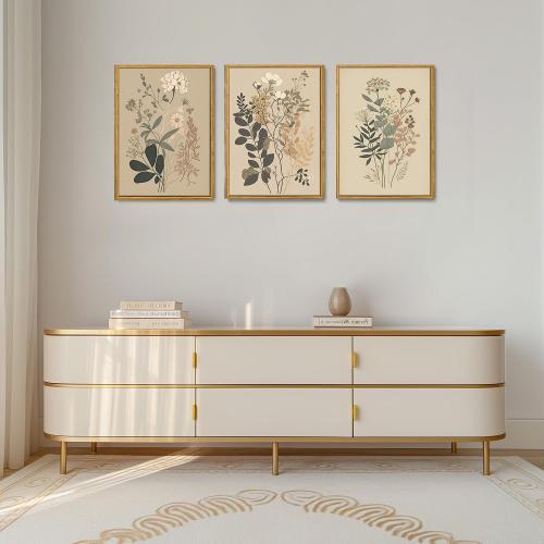Vintage 3 Piece Floral Canvas Wall Art Framed Wildflower Wall Decor | Neutral Farmhouse Botanical Wall Painting Modern Floral Art Prints For Living Room Bedroom Office 16x24inch