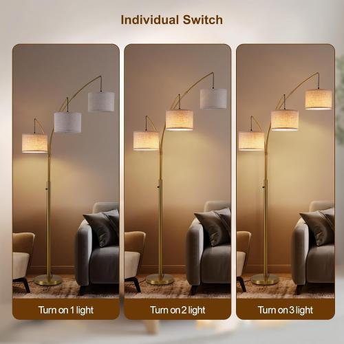 Gold Floor Lamps for Living Room, Super Bright Arc Floor Lamp with Remote Control, 3 Light Tall Floor Lamps with Stepless Dimmable, 80 Mid Century Tree Floor Lamp for Bedroom, Office