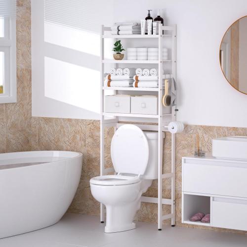 Over The Toilet Storage with 2 Baskets, 4-Tier Bamboo Organizer Rack with Paper Holder & 4 Hooks & Waterproof Feet Pad,Freestanding Shelf for Bathroom(White)