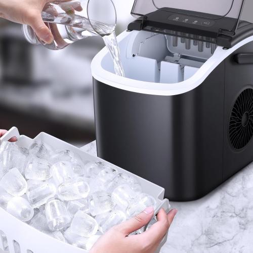 R.W.FLAME Ice Makers Countertop with Handle,26.5Lbs/24H,9 Cubes in 6 Mins,Portable Ice Maker Machine with Self-Cleaning,Ice Basket and Scoop,Perfect for Home, Kitchen, Bar, Camping(Black)