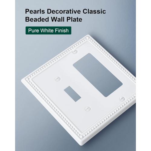 2-Pack Combo Toggle/Decorator Light Switch Cover Plate, Pearls Decorative Electrical Outlet Covers, Metal Wall Switch Plates and Outlet Covers, Pure White
