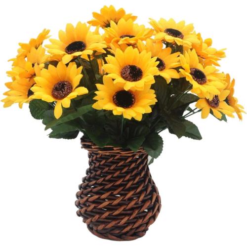 Velener Artificial Silk Sunflower with Rattan Vase Daisy Arrangement, 6 Bunches, 42 Flowers & Stems, Sunflower Bouquet, Handmade Willow, Fake Flowers in Vase for Home Decor, Fall Autumn Decoration