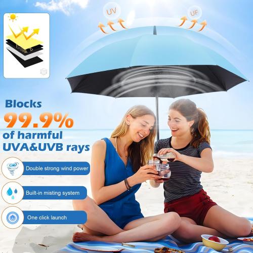 Color Blue Umbrella with fan and mist spray,Rechargeable - Ultimate Solution for Cooling & UV Protection - Ideal for Summer, Beach, Outdoor Sports, Golf, Fishing Activities.