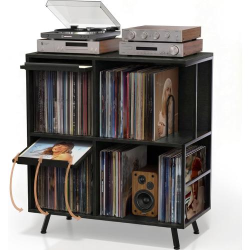 Faesun 3 Tier Flip Top Record Player Stand, Vinyl Record Storage Holds up to 300  Albums, Large Record Player Cabinet, Vintage Turntable Stand with Vinyl Display, for Living Room Bedroom, Black ‼️used product ‼️has some mild color peeling and bent wood‼️