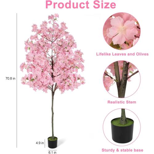 6Ft Tall Cherry Blossom Artificial Tree, Fake Tree Faux Silk Plant with Plastic Nursery Pot,Artificial Plants for Home Office Indoor Decor(Pink)