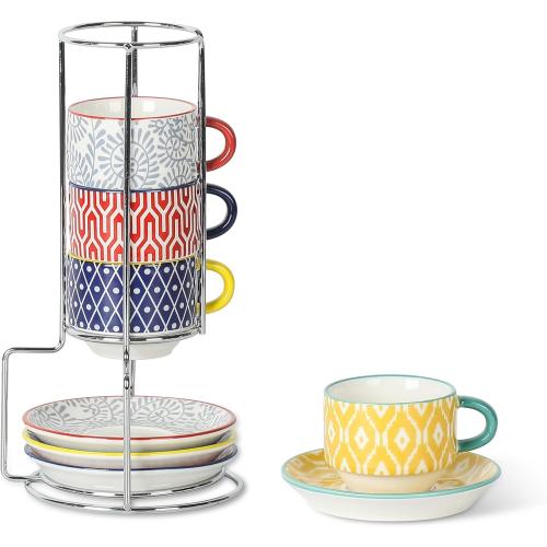 Selamica Ceramic Espresso Cups with Saucers and Metal Stand, 2.5 OZ Stackable Demitasse Cups for Espresso Latte Café Mocha Tea, Set of 4, Assorted Colors