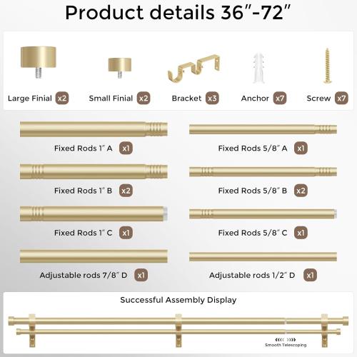 Gold Double Curtain Rod, Dual Curtain Rods with Aluminium Modern End Cap Finials Adjustable Heavy Duty Window Treatment Rods, Telescopic Metal Double Drapery Pole Set