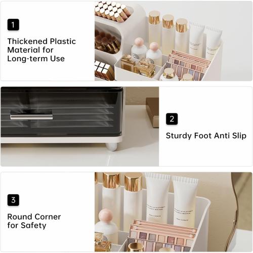 Color White Makeup Organizer for Vanity with Brush Holder, Countertop Organizer with 2 Drawers, Spacious Cosmetic Display Case for Beauty Essential, Skincare, Lipstick