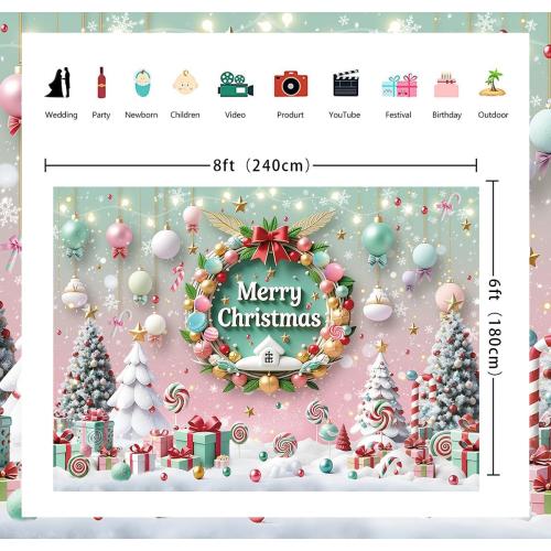 Merry Christmas Backdrop Cartoon Xmas Tree Garland Photography Background Xmas New Year  (8x6FT)
