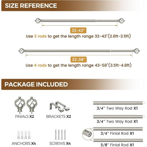KAMANINA Silver Curtain Rod 32 to 58 Inch(2.6-4.8ft), Adjustable Curtain Rods for Windows 28 to 48 Inch, 3/4 Inch Splicing Drapery Rods with Twisted Cage Finial