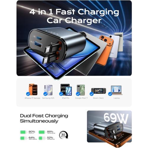 LISEN Retractable Car Charger USB C [Upgraded Dual Type C] 75W Fast 4 in 1 Car Charger for iPhone 17, Gifts for Him Her Men Women, Car Accessories for Galaxy S25 S26 Phone 17 Pro Max 16 15