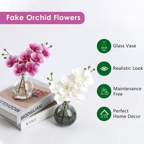 Oairse White Orchids Artificial Flowers Faux Orchid Arrangement with Black Glass Vase Set of 2 Real Touch Phalaenopsis Orchid Flowers Orchid Centerpiece for Dining Room Table