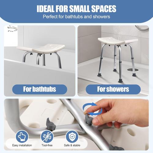 White and Grey Shower Chair, Adjustable Non-Slip Shower Bench with Suction Feet, Shower Seat for Inside Shower or Tub, Medical Bath Stool for Adults, Elderly & Disabled
