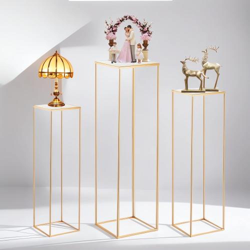 3pcs Gold Metal Plant Stand, Cylinder Pedestal Stands for Parties, Metal Plant Columns Pedestal Stands for Display, Square Cylinder Columns tables for Weddings Cake Stand Floor Plant Tables