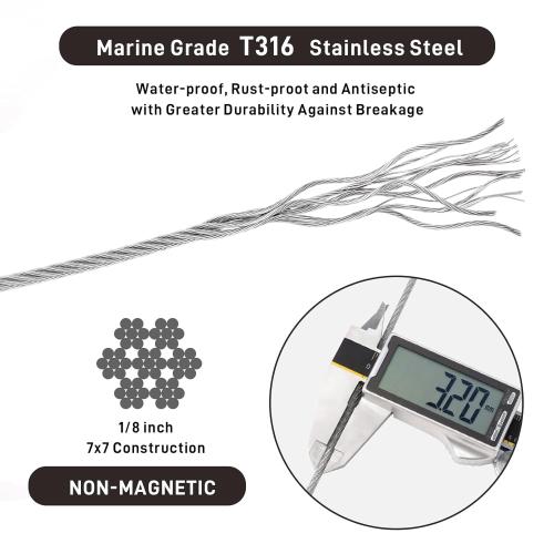 ATOLS Stainless Steel Wire Rope for Deck Railing Kit,500FT 1/8 Steel Cable with Cutter, T316, 1850 lb Strength, 7x7 Strand Construction Aircraft Cable for Fence