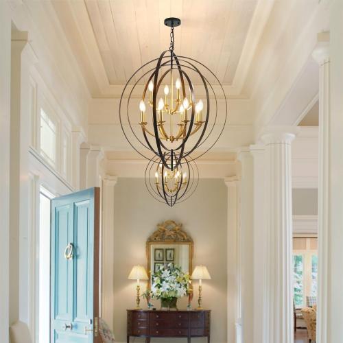 WJShome 31.5 Black and Gold Chandelier, 12-Light Modern Chandelier for Entryway, Round Pendant Light Fixtures, Large Foyer Chandeliers for High Ceilings, Adjustable Hanging Ceiling Lighting Fixtures