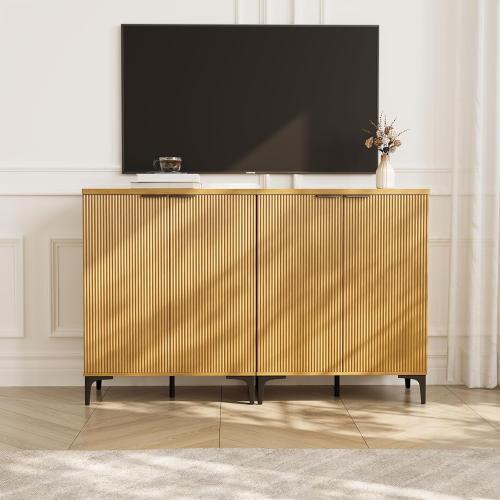 Fluted Sideboard Buffet Cabinet, 2 Doors Side Board Storage Cabinet, Buffet Cabinet with Line Groove Design,Side Board with Metal Legs and Handle, Buffet for Entryway, Natural Wood